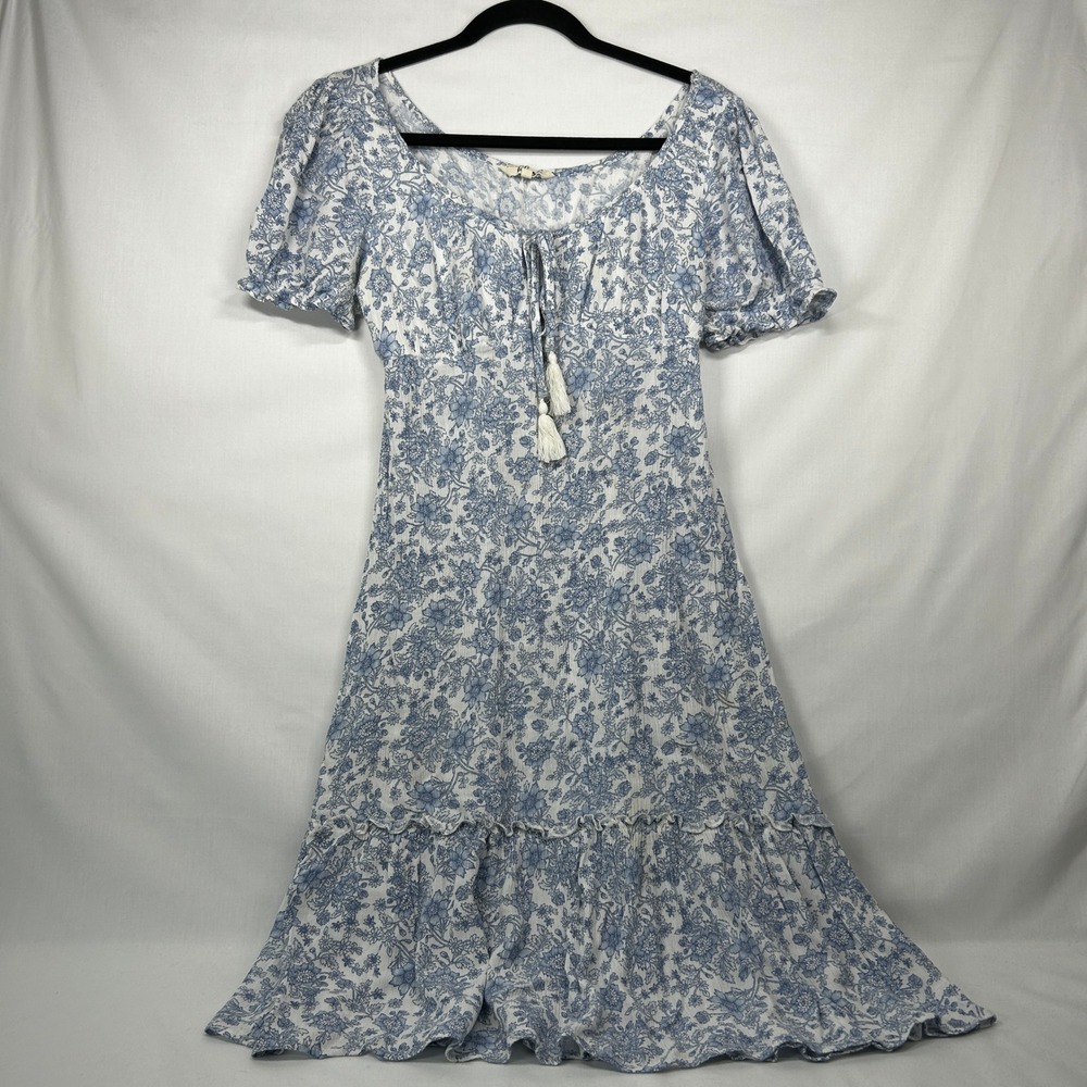 Hint of Blush Cottagecore Blue Floral Toile Dress M Puff Sleeve